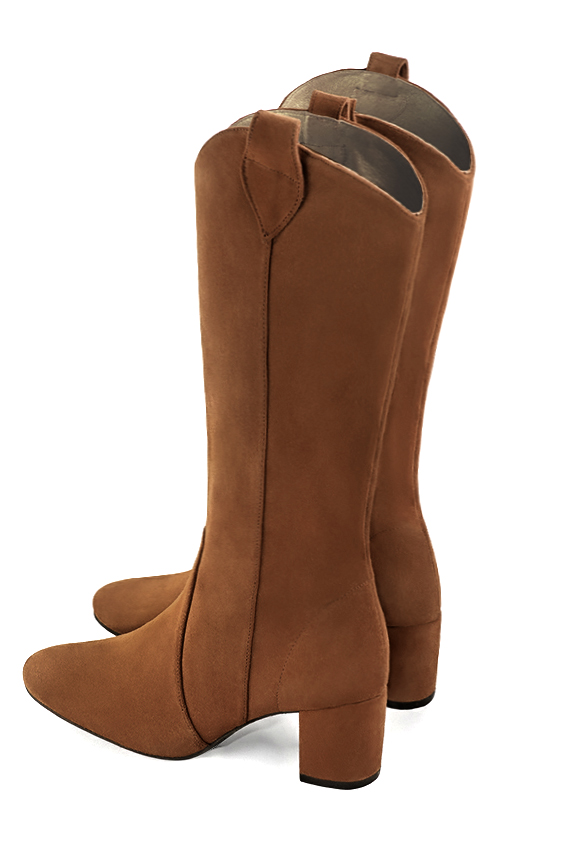 Caramel brown women's mid-calf boots. Round toe. Medium block heels. Made to measure. Rear view - Florence KOOIJMAN